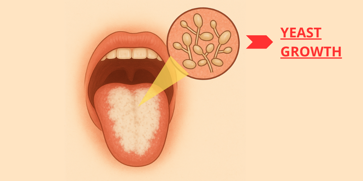 Candida albicans growing and invading mouth tissues