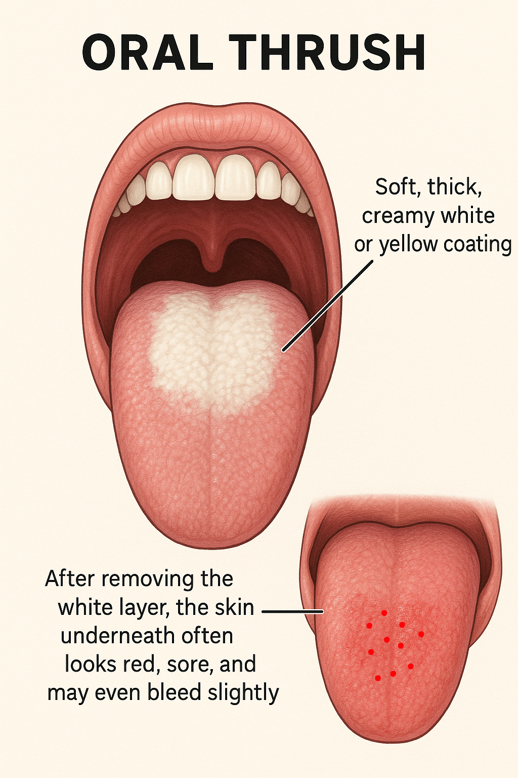 When the white coating is scraped off, in the case of oral thrush, the underlying area is often red, inflamed or irritated