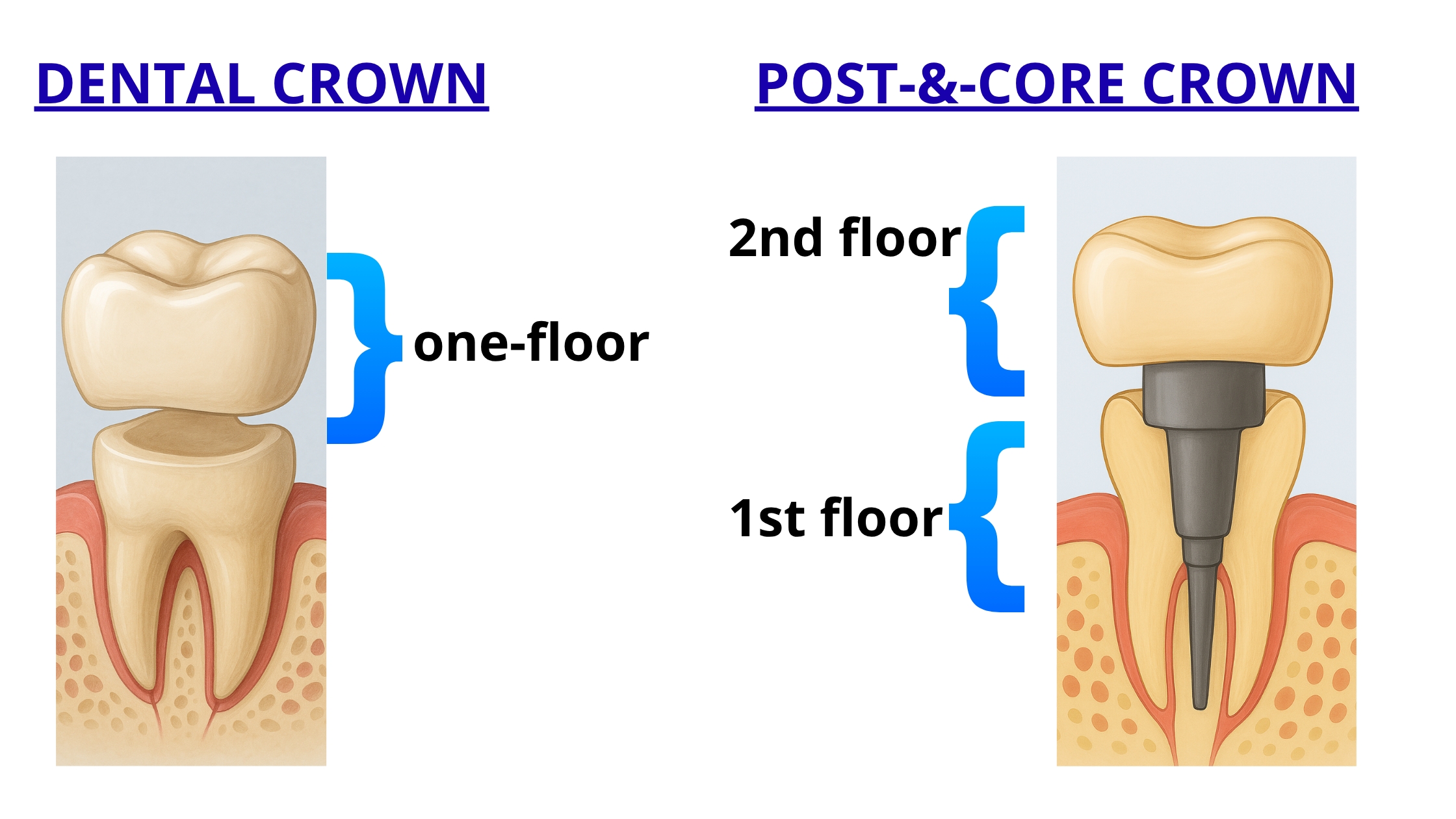Difference between a post-and-core crown and a regular crown