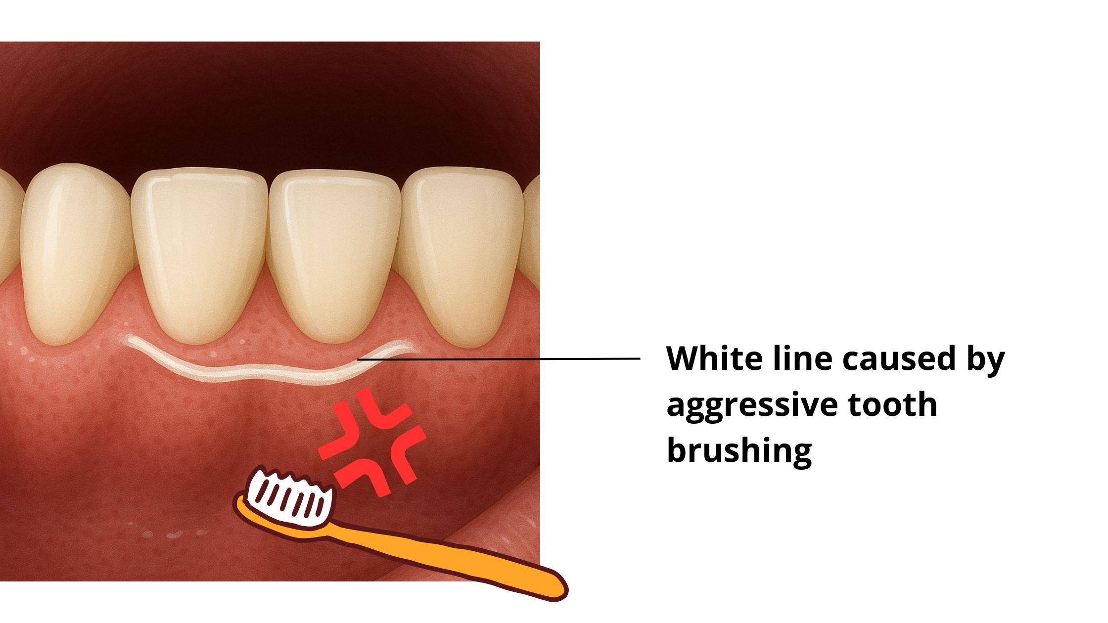 White line on gums caused by aggressive tooth brushing
